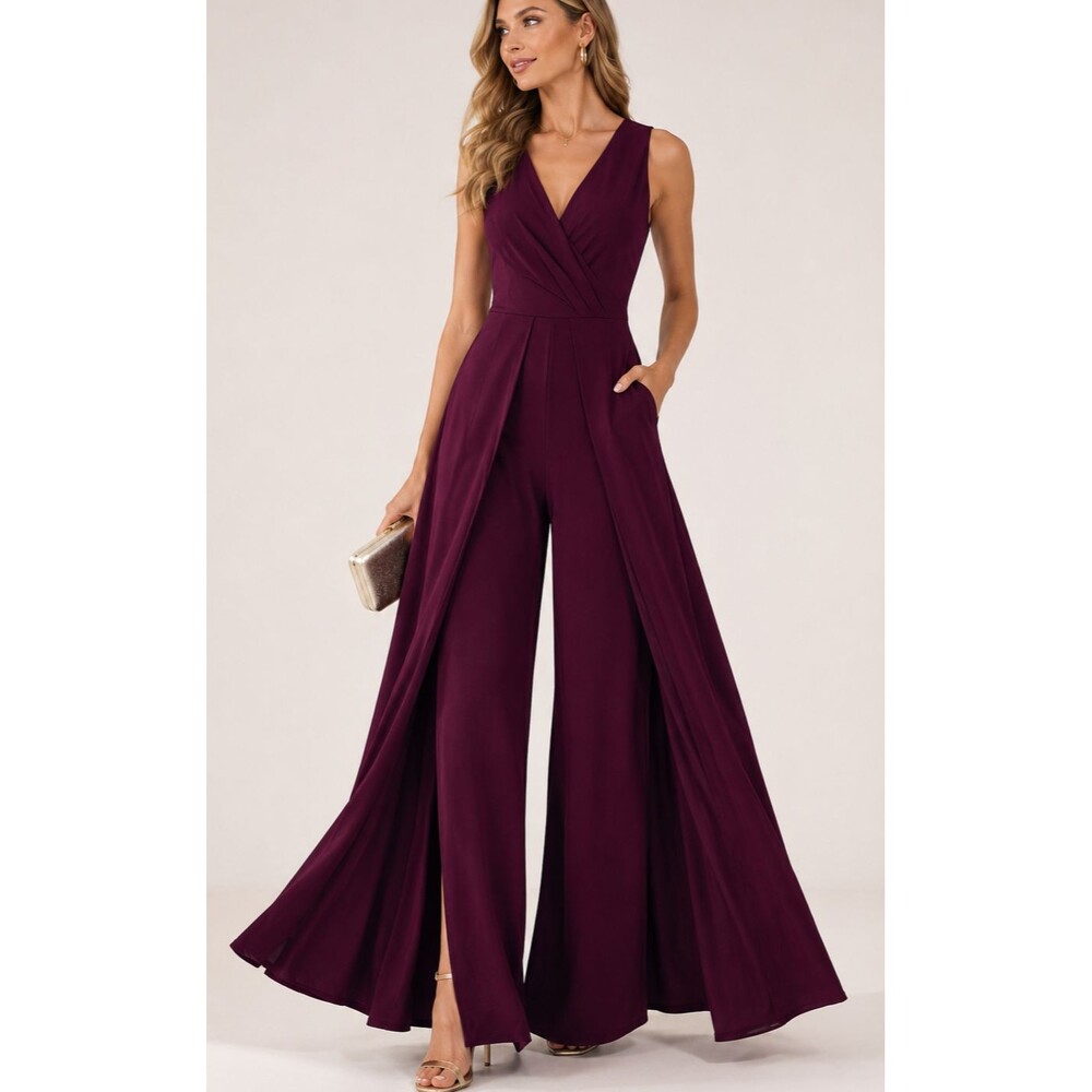Burgundy Palazzo Jumpsuit Women’s Formal Dress Illusion Wide Leg  size L NWT